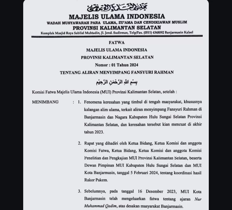 MUI Kalsel Keluarkan Fatwa Sesat Untuk Ajaran Fansyuri Rahman di Banjarmasin